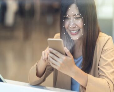 Asian women using the technology tablet for access control by face recognition in private identification step when online shopping with the credit card, credit card mockup, online payment concept