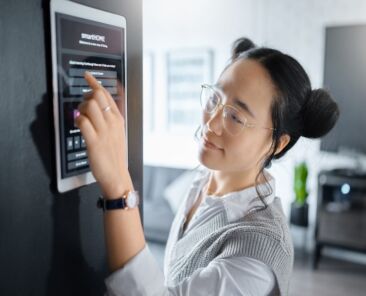 User interface, technology and Asian woman with security password in office, workspace and building.