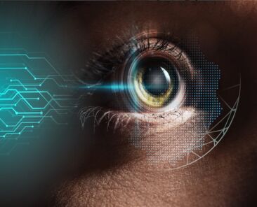 close up view of human eye with data illustration, robotic concept