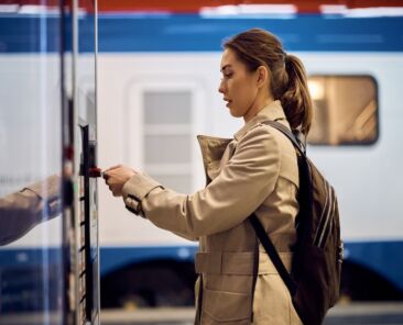 female passenger buying train ticket at automatic ticket machine at the station.
